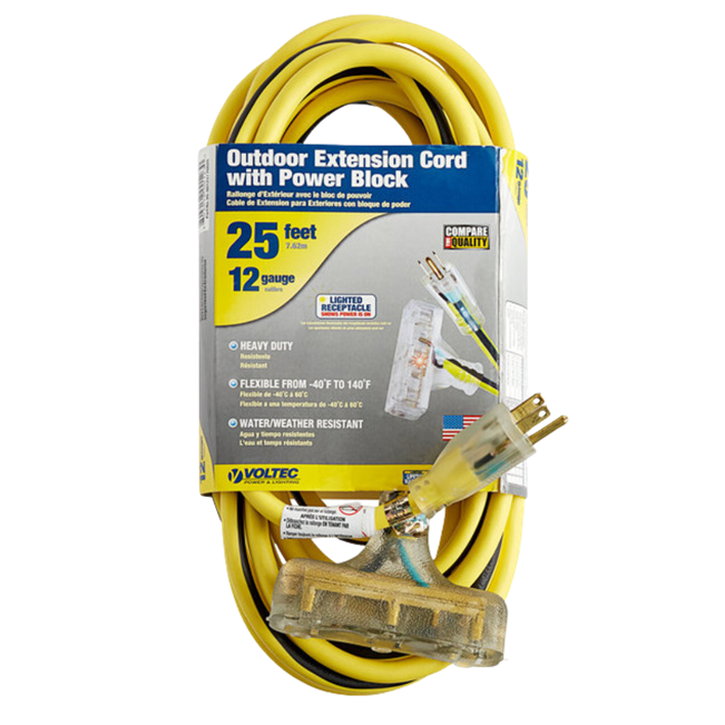 25ft Heavy-Duty 12/3 SJTW 3-Outlet Extension Cord with Illuminated Ends