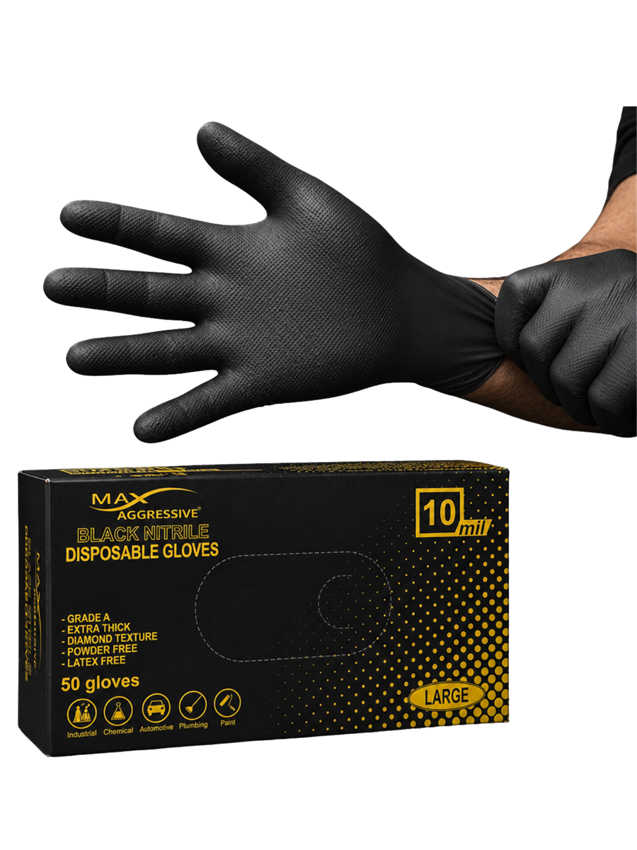 Max Aggressive 10 Mil Heavy-Duty Diamond Grip Black Nitrile Gloves (Box)