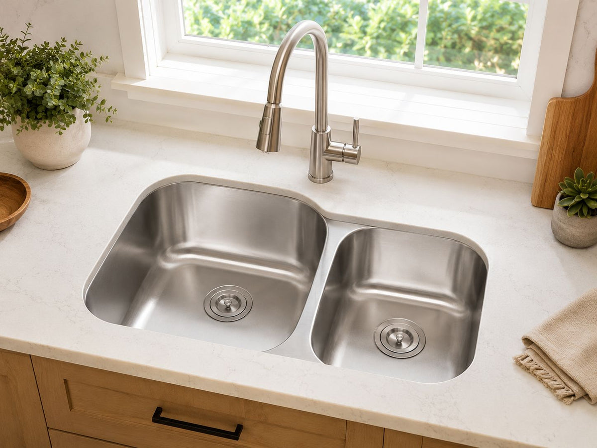 Lumax 32" 60/40 Double-Bowl Pressed Undermount Sink - 18-Gauge 304 Stainless Steel