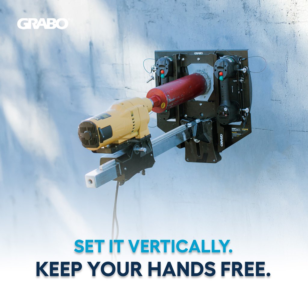 GRABO Bore Mount Core Drill Mounting Plate — official product and application image 6. Refer to the listed package contents for included components.