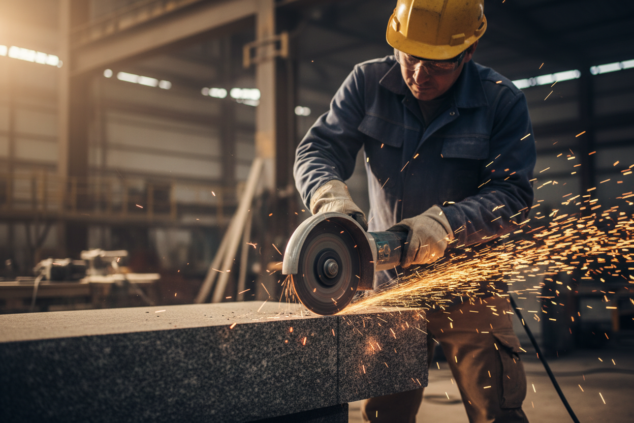 Professional contractor using diamond blade on stone