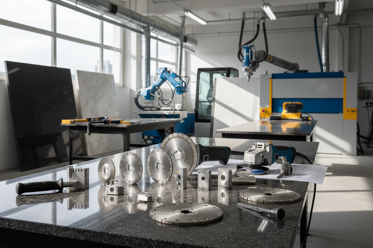 Professional stone working tools and equipment display