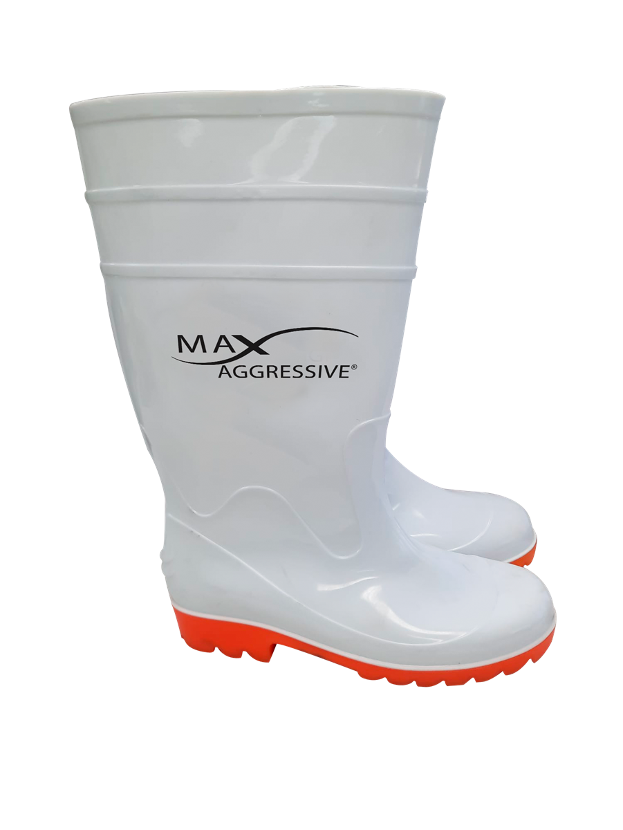 Max Aggressive white PVC boots with orange soles; product-family view, select shoe size separately.