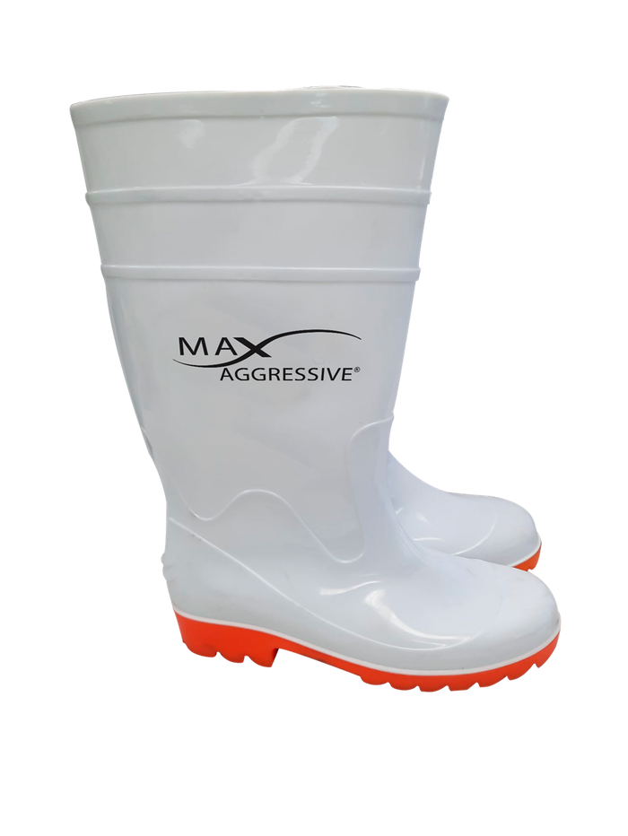 Max Aggressive white PVC boots with orange soles; product-family view, select shoe size separately.