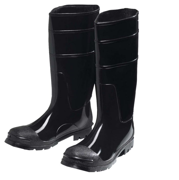Black steel-toe PVC work boots; supplier product-family view, select shoe size separately.